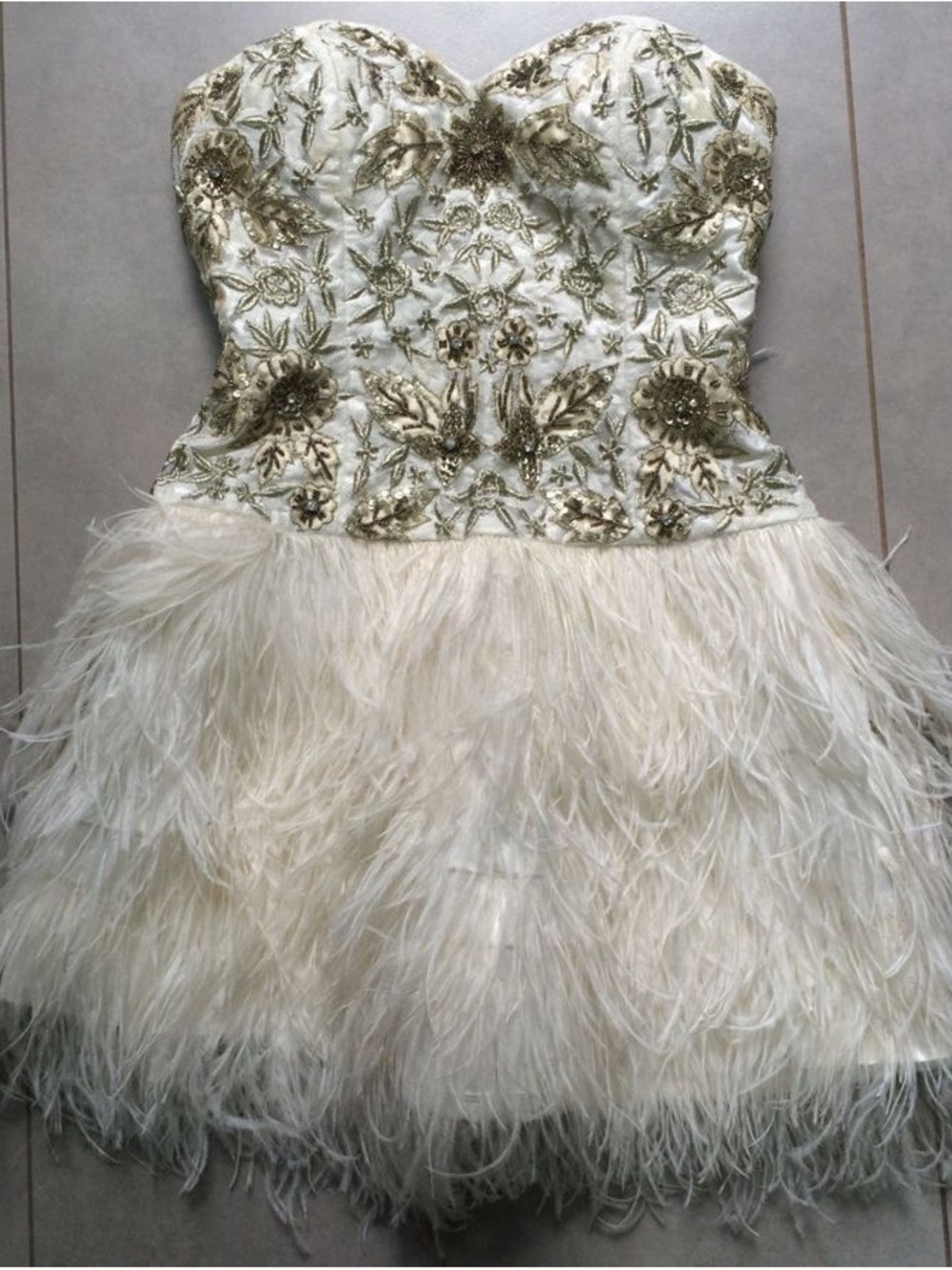 Jovani Ivory and Gold Embellished Ostrich Feather Cocktail Dress